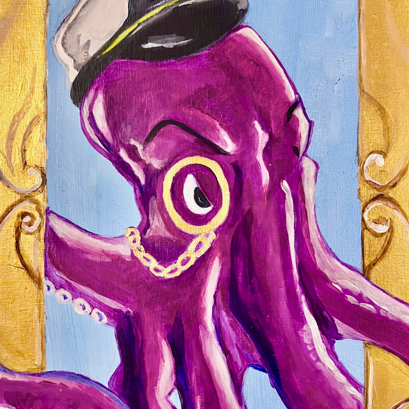 Purple octopus with a gold monocle with a stern face inside of a gold frame