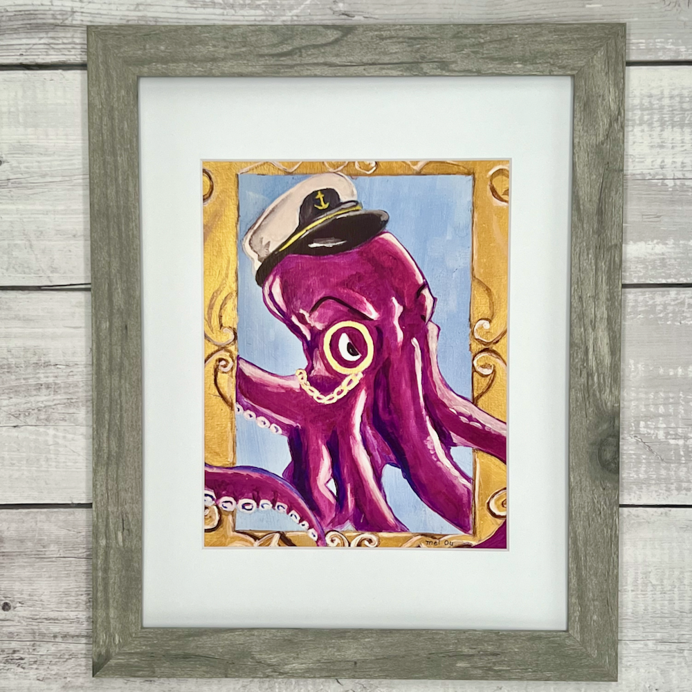 Gray framed print of a painting with a purple octopus in a captain hat with monocle inside of a faux gold frame