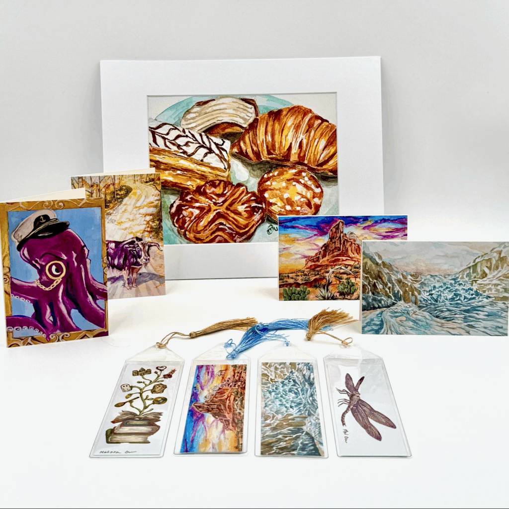 Print of pastries, notecards, and bookmarks featuring original art